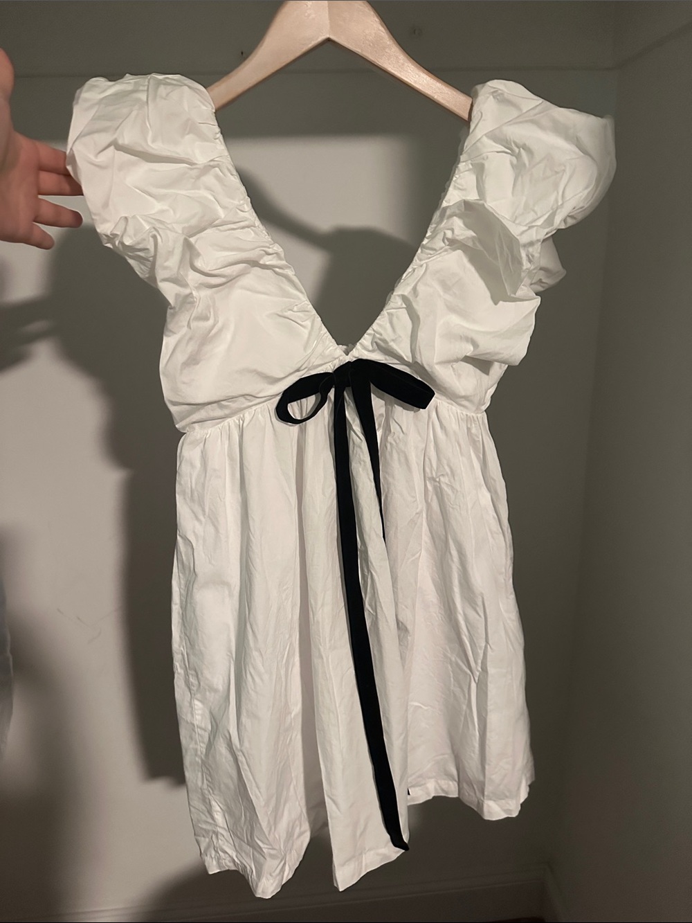 OPT White Ruffle Sleeve Mini Dress with Black Tie 100% cotton